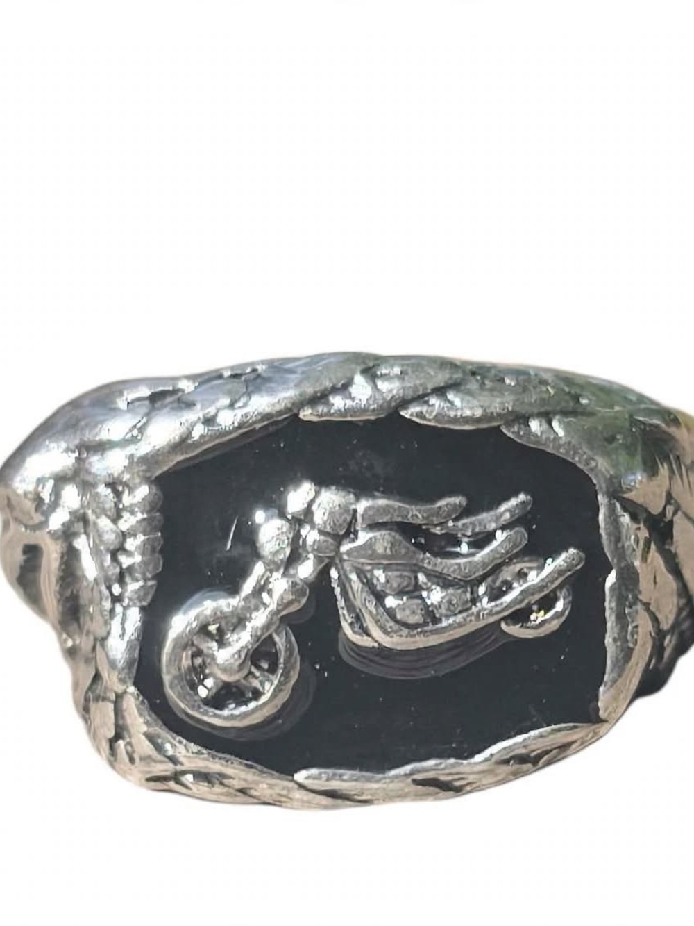 Men's Silver-Tone Black Onyx Motorcycle Signet Ring